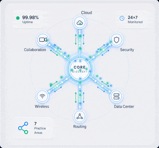 GigCraft network core diagram showing bidirectional traffic flow across Cloud, Security, Data Center, Routing, Wireless, and Collaboration